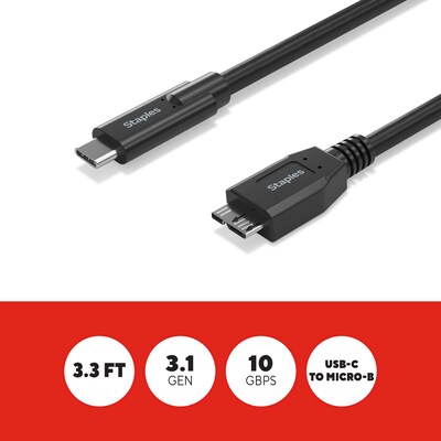 Staples TECH 3.3 ft. USB-C to Micro USB Type-B Audio/Video Cable, Male to Male, Black (ST62445)
