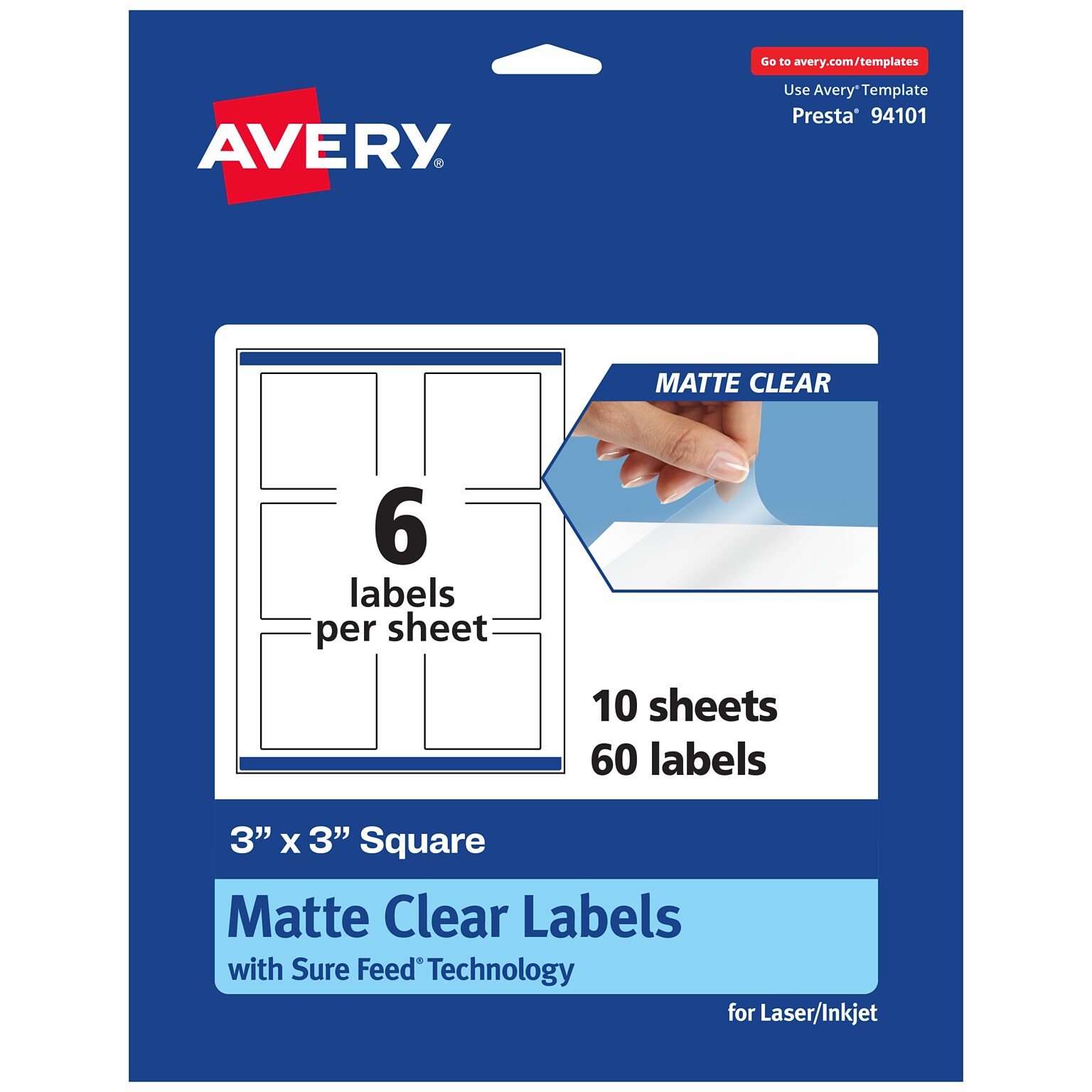 Avery Laser/Inkjet Multipurpose Square Labels, 3 x 3, Clear, 60 Labels/Pack (94101)