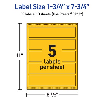 Avery Laser/Inkjet Rectangle Multipurpose Labels, 1.75" x 7.75", Bright Yellow, 50/Pack (94232)