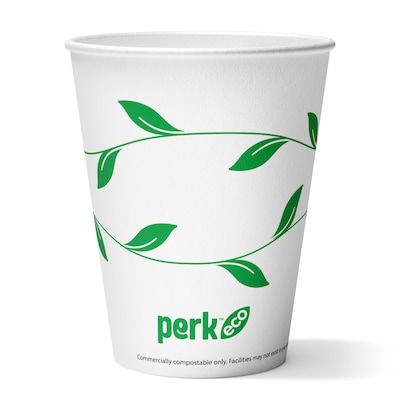 Perk™ Eco Compostable Paper Hot Cup, 12 Oz., White/Green, 50/Pack (PK56222)
