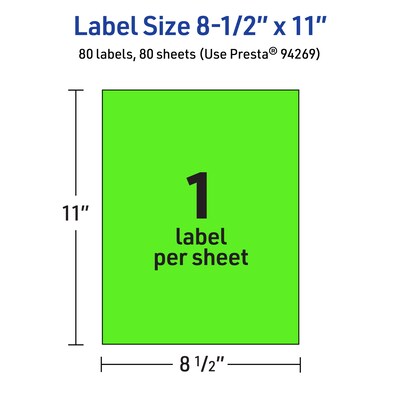 Avery Laser/Inkjet Multipurpose Rectangle Labels, 8.5" x 11", Neon Green, 80/Box (94269)