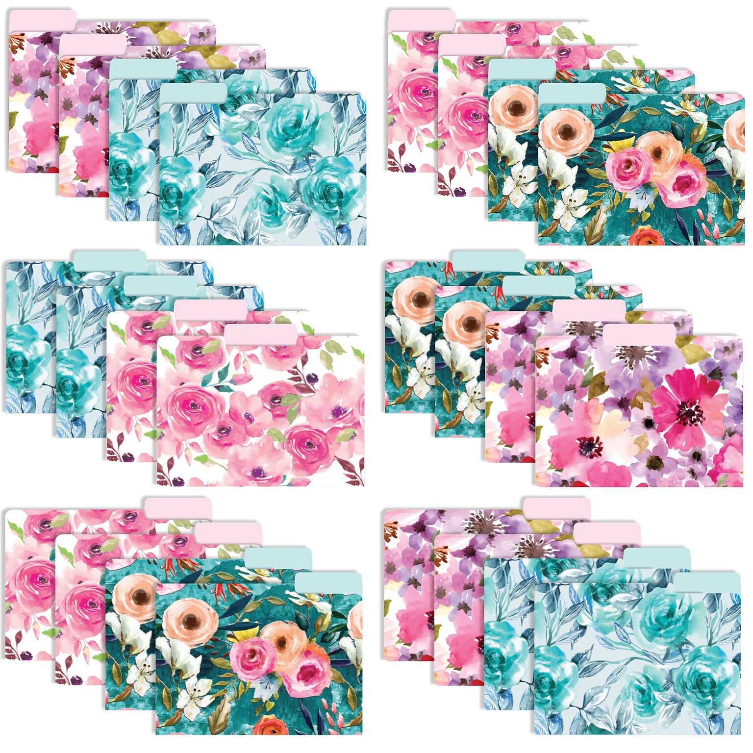 Global Printed Products Heavy Duty Interior File Folders, 1/3-Cut Tab, Letter Size, Paper Stock, Floral, 24/Pack (GPP-0101-A)