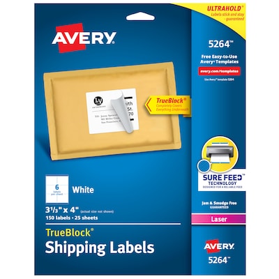 Avery TrueBlock Laser Shipping Labels, 3-1/3" x 4", White, 6 Labels/Sheet, 25 Sheets/Pack   (5264)