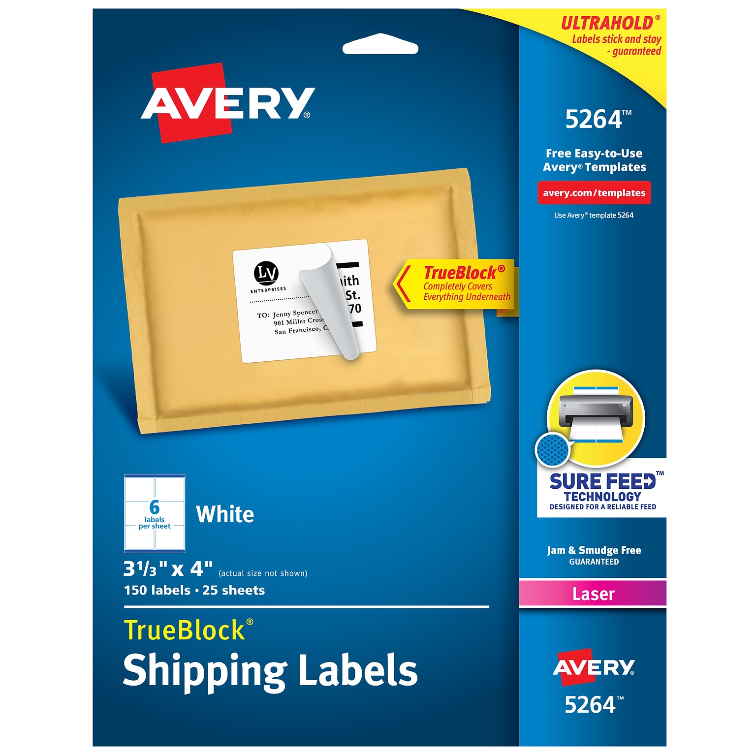Avery TrueBlock Laser Shipping Labels, 3-1/3 x 4, White, 6 Labels/Sheet, 25 Sheets/Pack (5264)