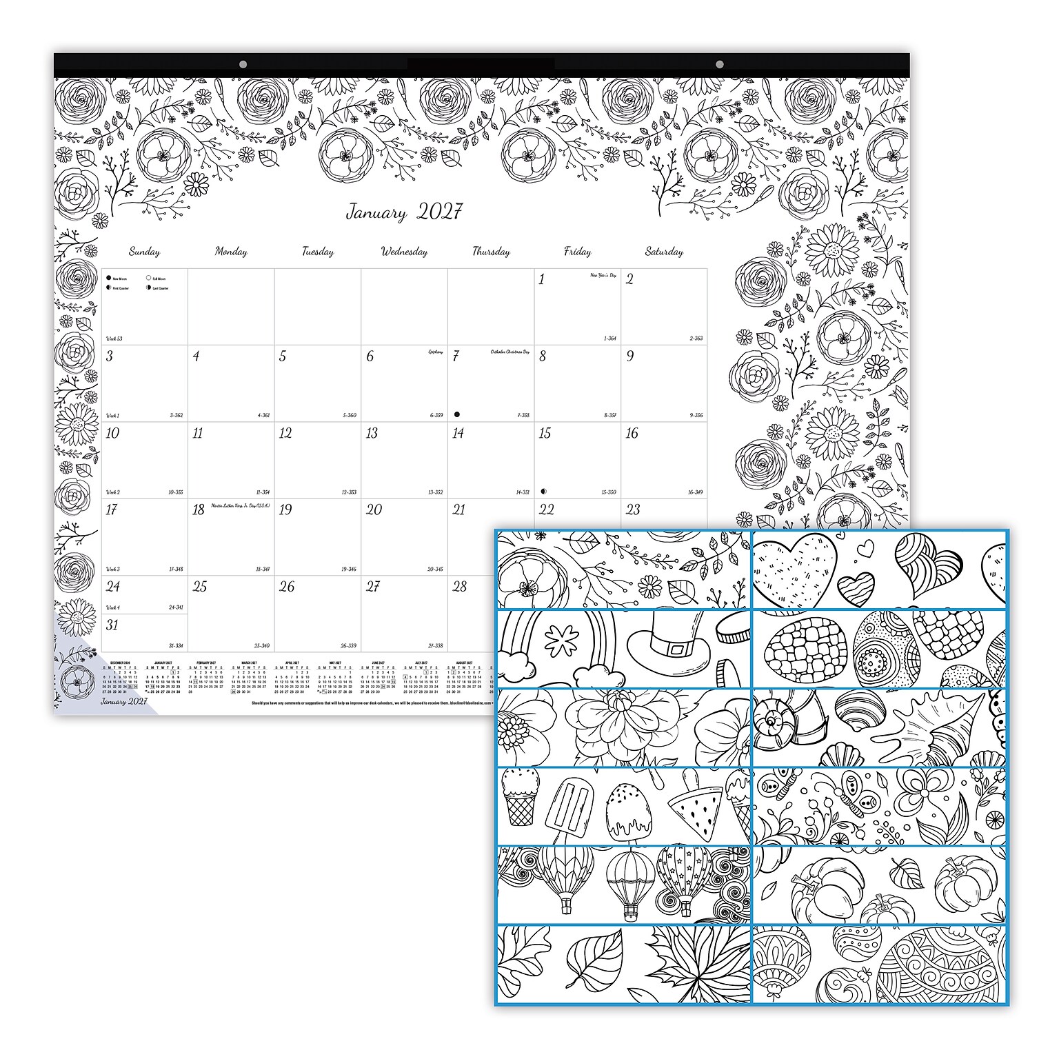 2027 Blueline DoodlePlan 22 x 17 Monthly Desk Pad Coloring Calendar, Black/White (C2917311-27)