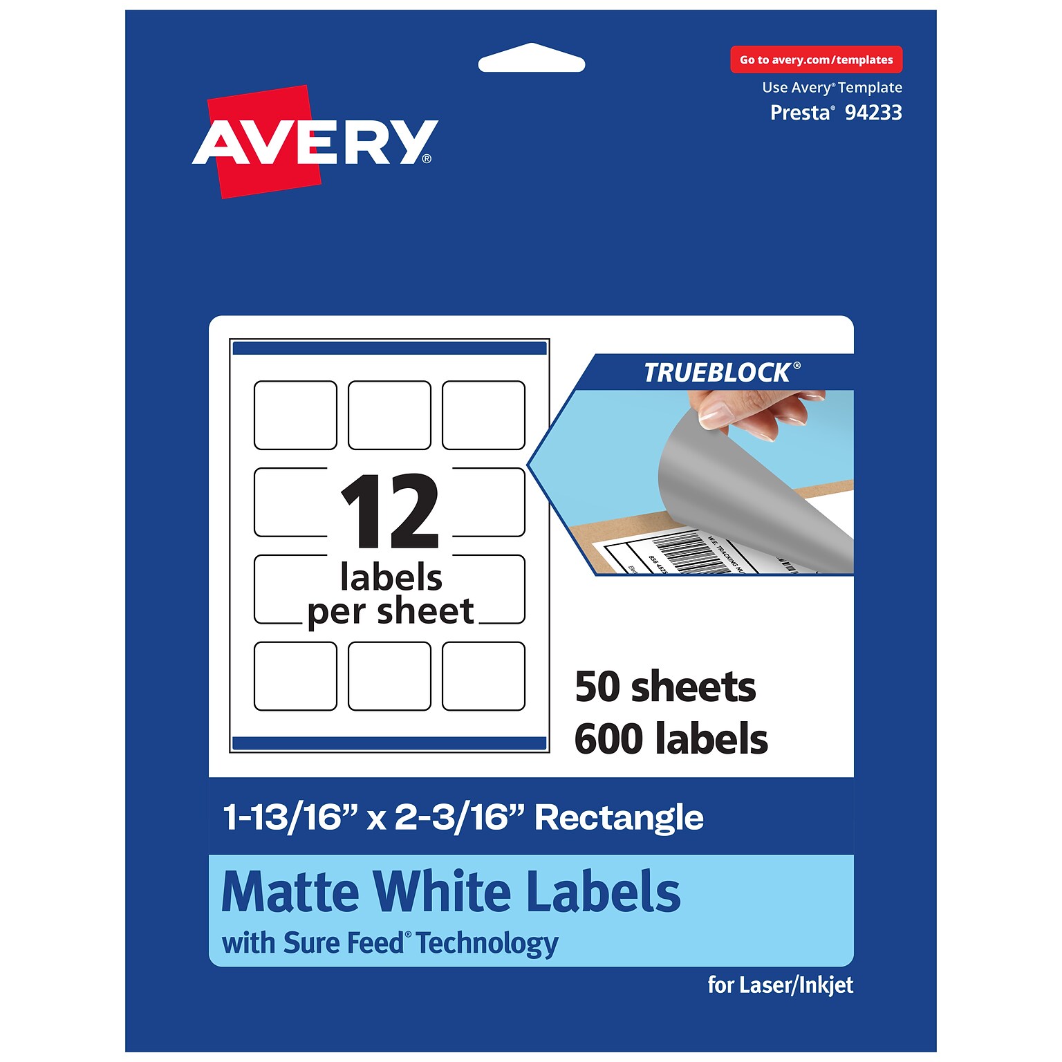 Avery TrueBlock Laser/Inkjet Rectangle Multipurpose Labels, 1-13/16 x 2-3/16, White, 600/Box (94233)