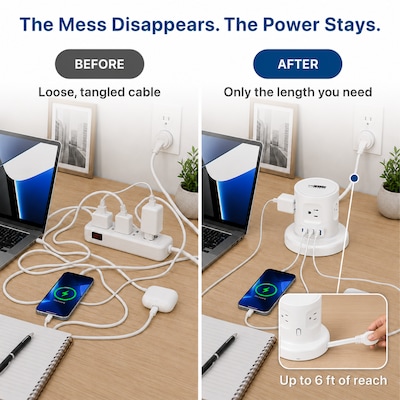 Uncaged Ergonomics Retractable Power Strip with USB-C, 4 AC Outlets, 4 USB Ports and 6ft Retractable Cord, White (RC-white)