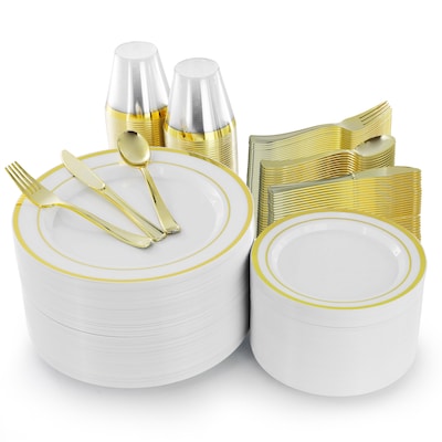 Elama Round Plastic Dinnerware Set, White/Gold, 600 Pieces (935124342M)