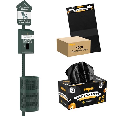 Furloo Steel Outdoor Pet Waste Station Kit with Header Bag Dispenser, 11.5 Gallon, Green (FLO1H-S-G-B)