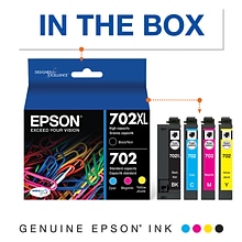 Epson T702XL/T702 Black High Yield and Cyan/Magenta/Yellow Standard Yield Ink Cartridge, 4/Pack   (T