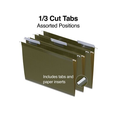 Quill Brand® 100% Recycled Premium Reinforced 3-Tab Hanging File Folders, Letter Size, Green, 25/Box (76213P)