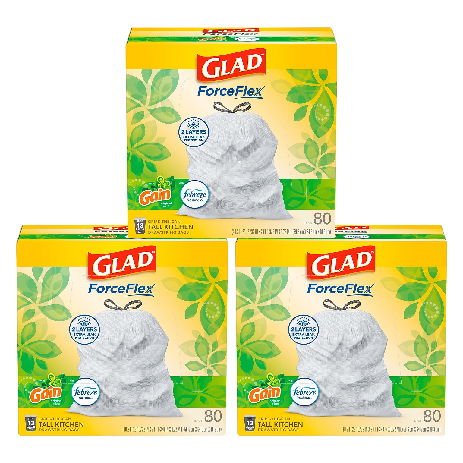 Glad ForceFlex Tall 13 Gallon Drawstring Kitchen Trash Bag, 3 Pack