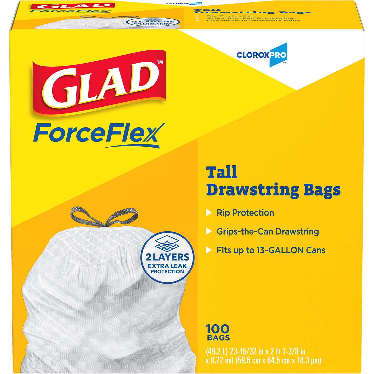 Glad ForceFlex Tall 13 Gallon Drawstring Kitchen Trash Bag, White, 100 Total Bags (78374)