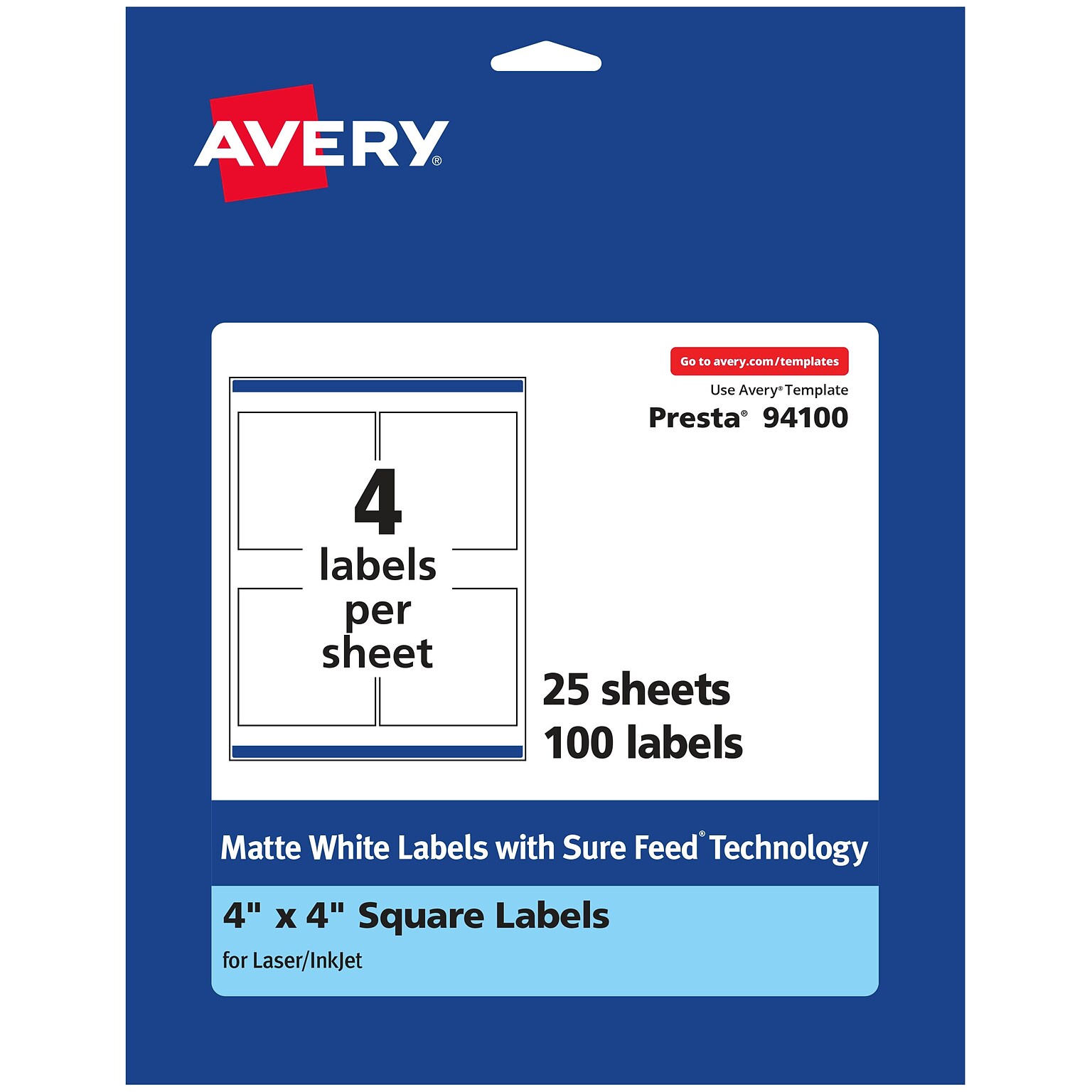 Avery Laser/Inkjet Square Multipurpose Labels, 4 x 4, Matte White, 100 Labels/Pack (94100)