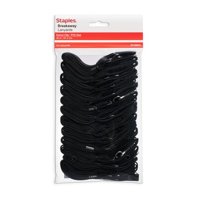 Staples Breakaway Lanyards, 36 Length, Nylon, Black, 12/Pack (18910)