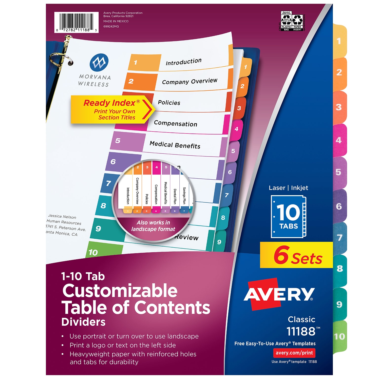 Avery Ready Index Table of Contents Paper Dividers, 1-10 Tabs, Multicolor, 6 Sets/Pack (11188)