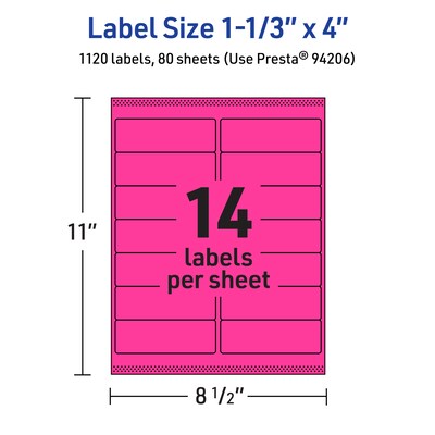 Avery Laser/Inkjet Rectangle Multipurpose Labels, 1-1/3" x 4", Neon Magenta, 1120/Box (94206)