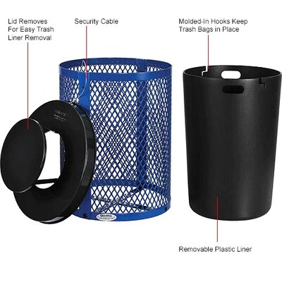 Global Industrial Outdoor Diamond Steel Trash Can w/ Rain Bonnet Lid, 36 Gallon, Blue (261926BL)