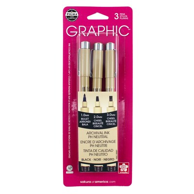 Sakura Pigma Graphic, Liquid Ink, Black Ink, 3/Bundle (SAK38881-3)
