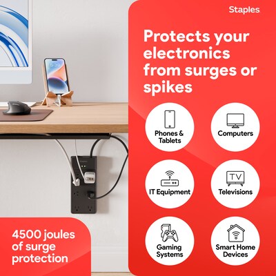 Staples TECH 8-Outlet Surge Protector, 12', 4500 Joules, Black (ST62782)
