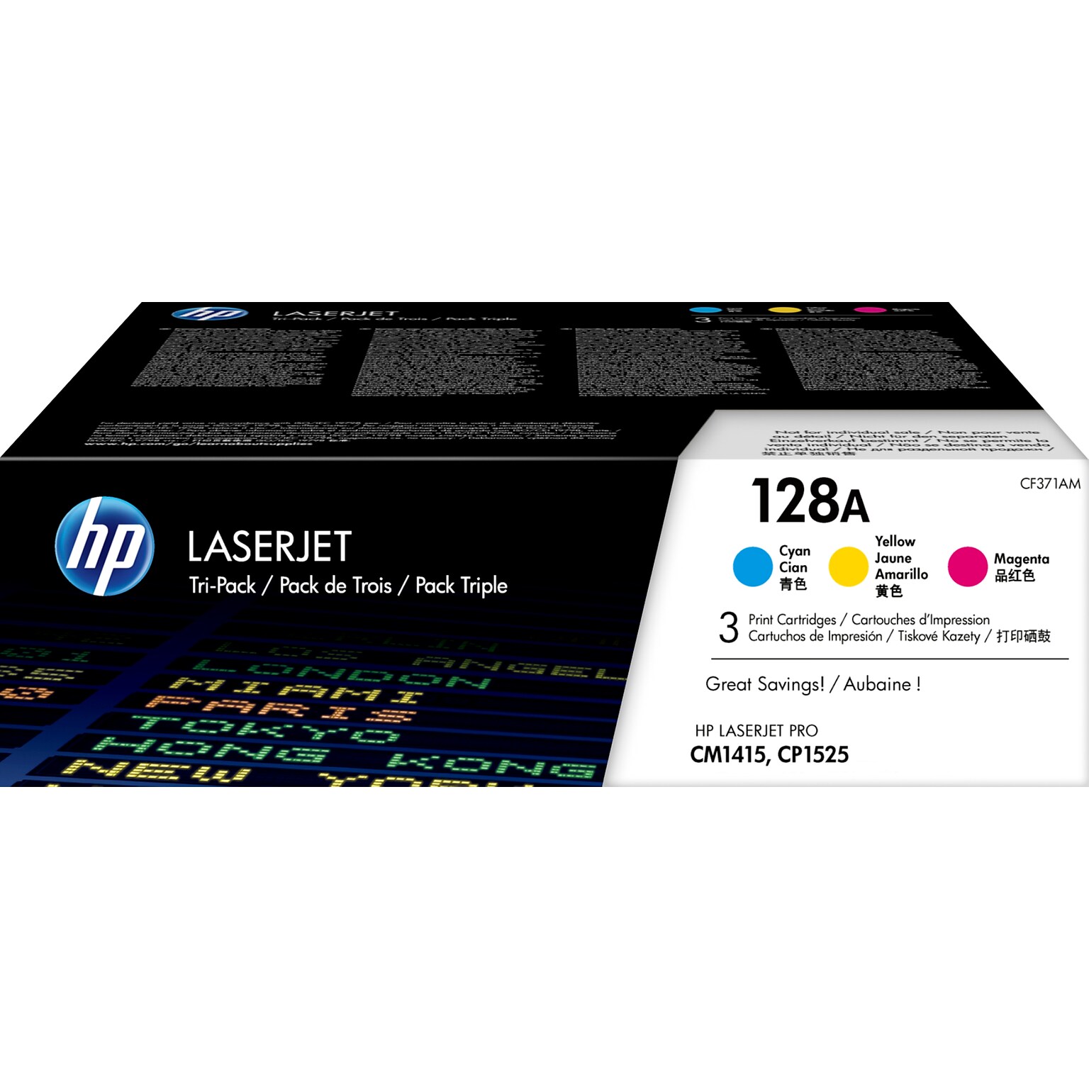 HP 128A Cyan/Magenta/Yellow Standard Yield Toner Cartridge, 3/Pack (CF371AM)
