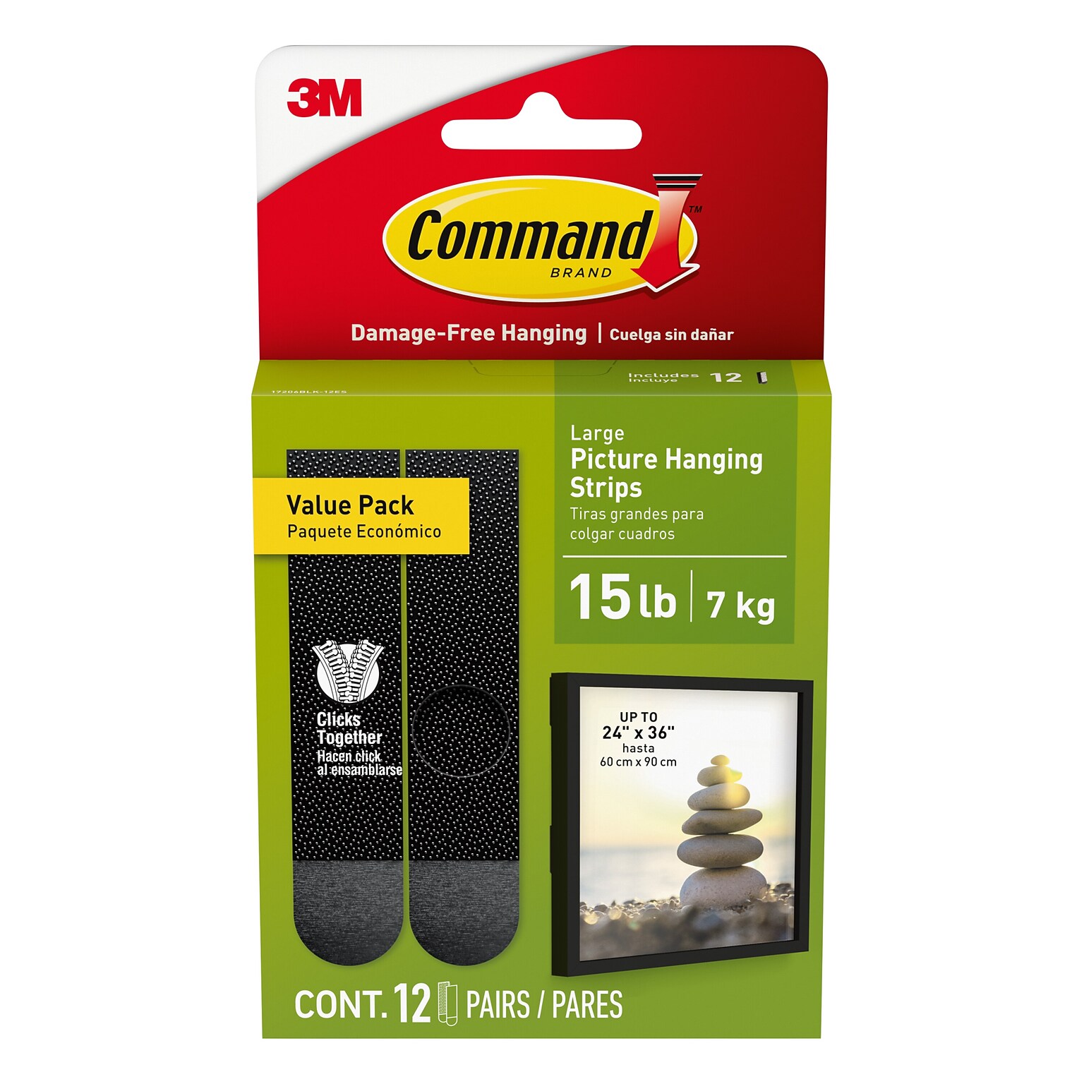 Command Large Hanging Strip, 15 lb., Black, 12/Pack (17206BLK-12ES)