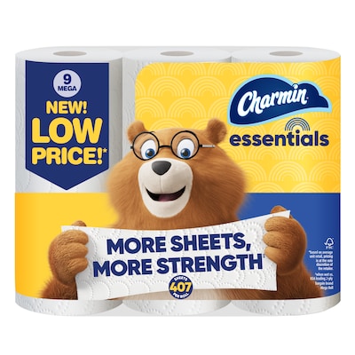 Charmin Essentials Mega Toilet Paper, 1-Ply, White, 407 Sheets/Roll, 9 Rolls/Pack, 4 Packs/Carton (04536)