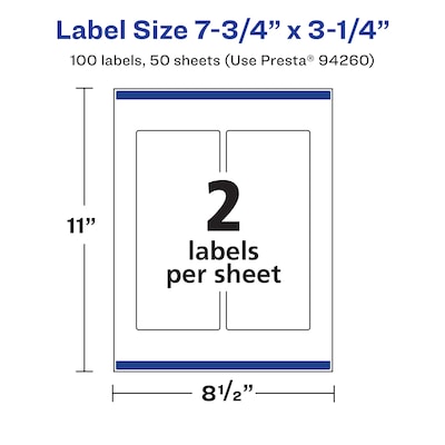 Avery Laser/Inkjet Rectangle Waterproof Multipurpose Labels, 3.25"  x 7.75", White, 100/Box (94260)