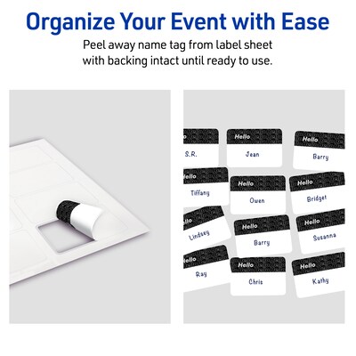 Avery Adhesive Name Tags, Pre-printed Silver/Black Hello Design