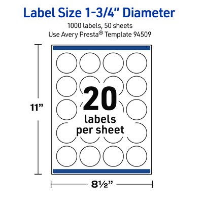 Avery Waterproof Round Laser Multipurpose Labels, 1.75" Dia., White, 1000/Box (19479399438)
