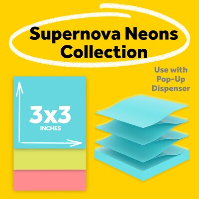 Post-it Super Sticky Pop-up Notes, 3" x 3", Supernova Neons Collection, 90 Sheet/Pad, 6 Pads/Pack (R330-6SSMIA)
