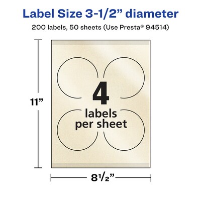 Avery Pearlized Ivory Circle Multipurpose Labels, 3.5" Dia., Ivory, 200/Box (94514)