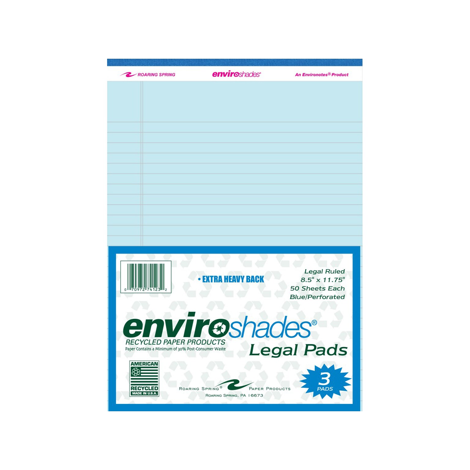 Roaring Spring Paper Products 8.5 x 11.75 Legal Pads, Recycled Blue Paper, 50 Sheets/Pad, 3 Pads/Pack (74123)