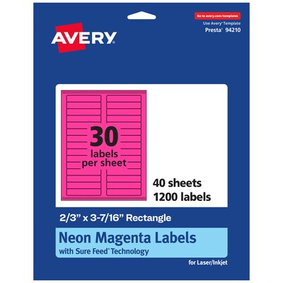 Avery Rectangle Laser/Inkjet Multipurpose Labels, 2/3 x 3-7/16, Neon Magenta (1200/Box)