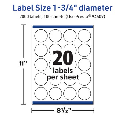 Avery TrueBlock Laser/Inkjet Circle Multipurpose Labels, 1.75" Dia., White, 2000/Box (94509)
