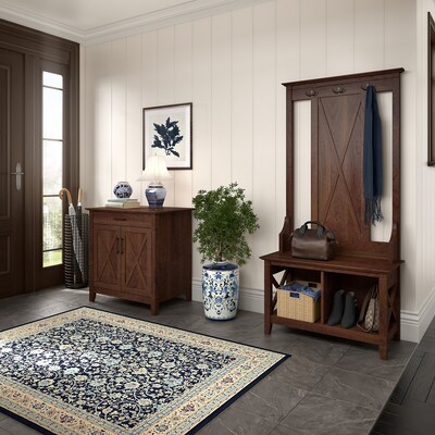 Bush Furniture Key West 66" Entryway Storage Set with Hall Tree, Shoe Bench, and Armoire Cabinet, Bing Cherry (KWS055BC)