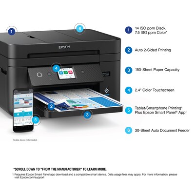 Epson WorkForce WF-2960 Wireless Color Inkjet Printer, All-In-One, Print, Scan, Copy, Fax (9472538)