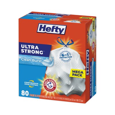 Hefty® Ultra Strong Scented Tall White Kitchen Bags, 13 gal, 0.9 mil, 23.75" x 24.88", White, 80/Box