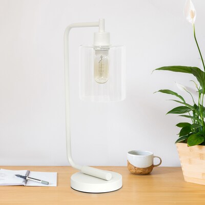 Creekwood Home Vintage Vantage 18.8" Minimalist Industrial Curved Arm Desk Lamp w/ Clear Glass Shade, White (CWD-1013-WH)