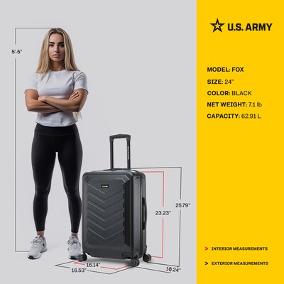 US Army FOX 24" Hardside Suitcase, 4-Wheeled Spinner, TSA Checkpoint Friendly, Black (USLFOX00M-BLK)