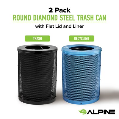 Alpine Industries 4460 Steel Mesh Trash & Recycling Bin Combo with Flat Lid and Liner, 36 Gallon, Black/Blue (ALP4460-01-E)