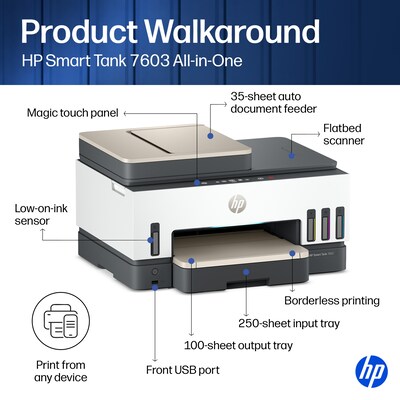HP Smart Tank 7603 Wireless All-in-One Supertank Printer, Up to 3 Years of Ink Included (9B5D1A)