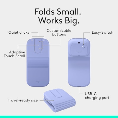 Logitech Mobi Fold Wireless Ambidextrous Optical Travel Mouse, Lilac (910-007615)