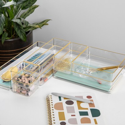 Martha Stewart Kerry Plastic Stackable Office Desk Drawer Organizer, Various Sizes, Clear/Gold, 8/Set (BEPB3371G8CGD)