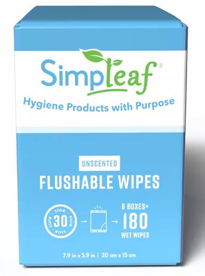 Simpleaf Unscented Flushable Wipes, 30 Single Wipes/Box, 6 Boxes/Carton (S-011-180counts)