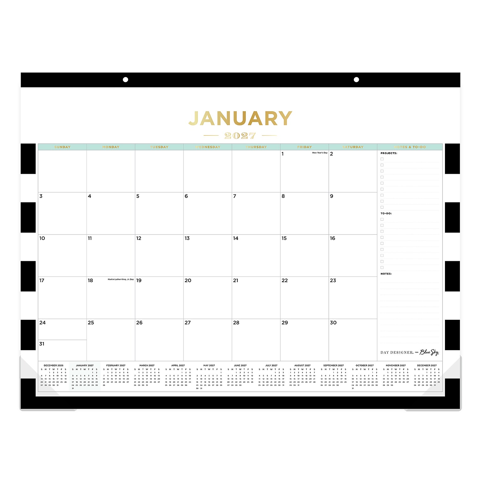2027 Blue Sky Day Designer Rugby Stripe Black 22 x 17 Monthly Desk Pad Calendar, Black/White (143895-27)