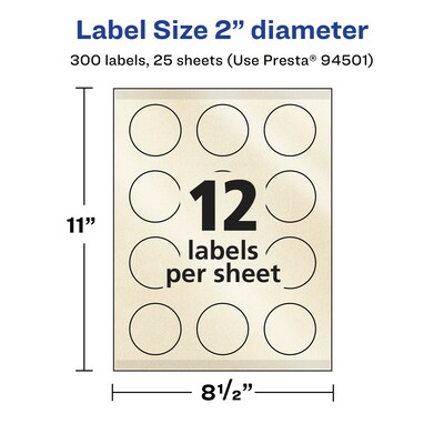 Avery Laser/Inkjet Round Multipurpose Labels, 2" Diameter, Ivory, 300 Labels/Pack (94501)