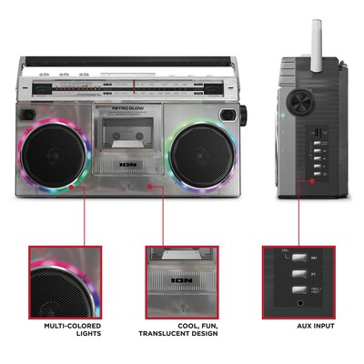 ION Retro Glow Bluetooth Boombox, Translucent (RETRGLWXUS)