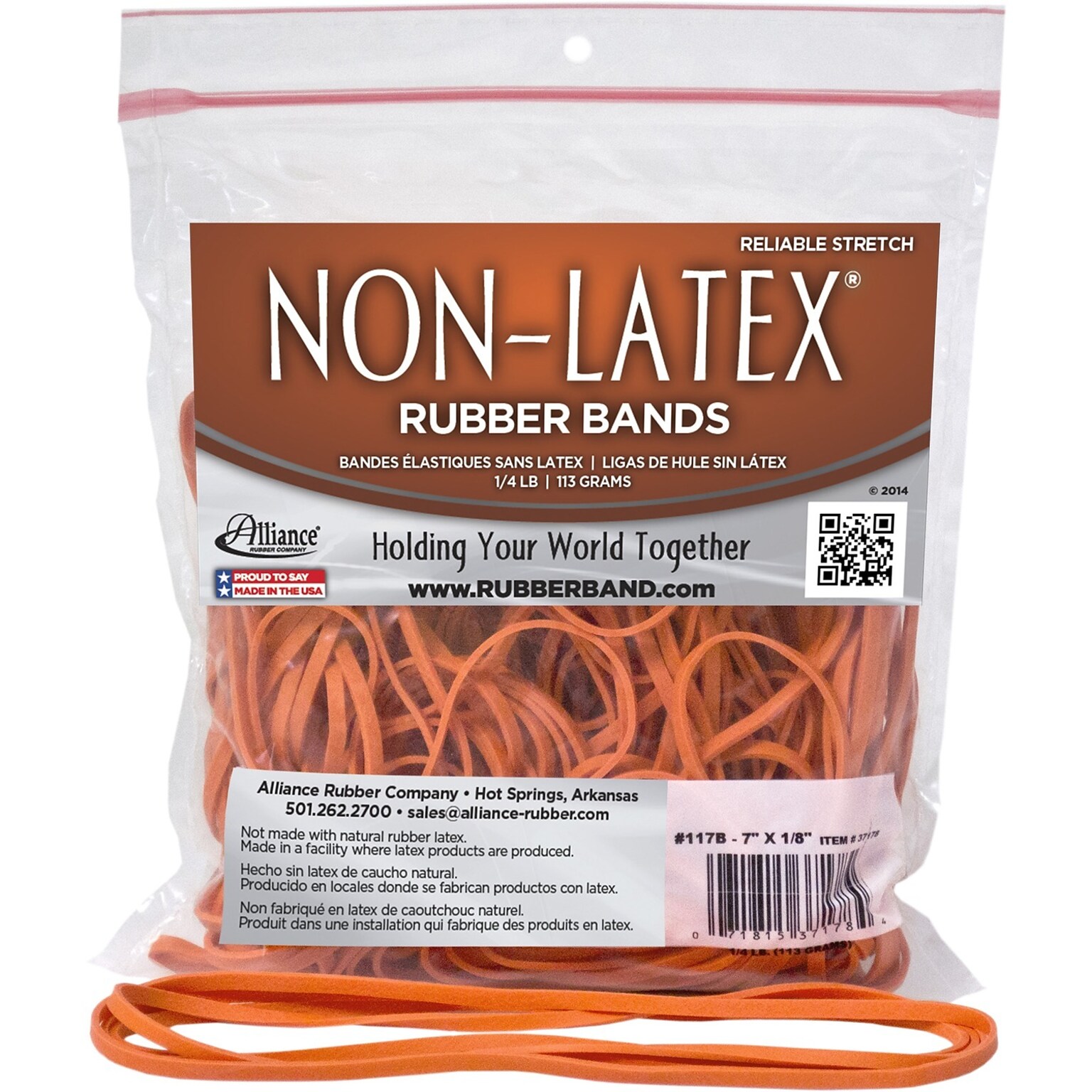 Alliance Non-Latex Multi-Purpose #117B Rubber Bands, 7 x 1/8, Non-Latex, Orange, 63/Pack (37178)