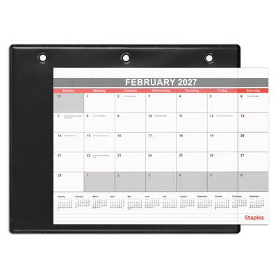 2027 Staples 11" x 8" Monthly Wall Calendar, White/Red/Gray (ST12949-27)